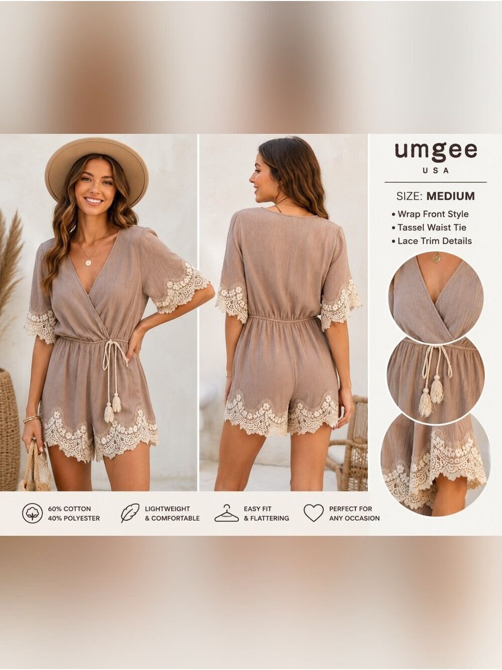 Umgee USA Boho Lace Trim Shorts Romper Taupe Wrap Front Tassel Tie Medium